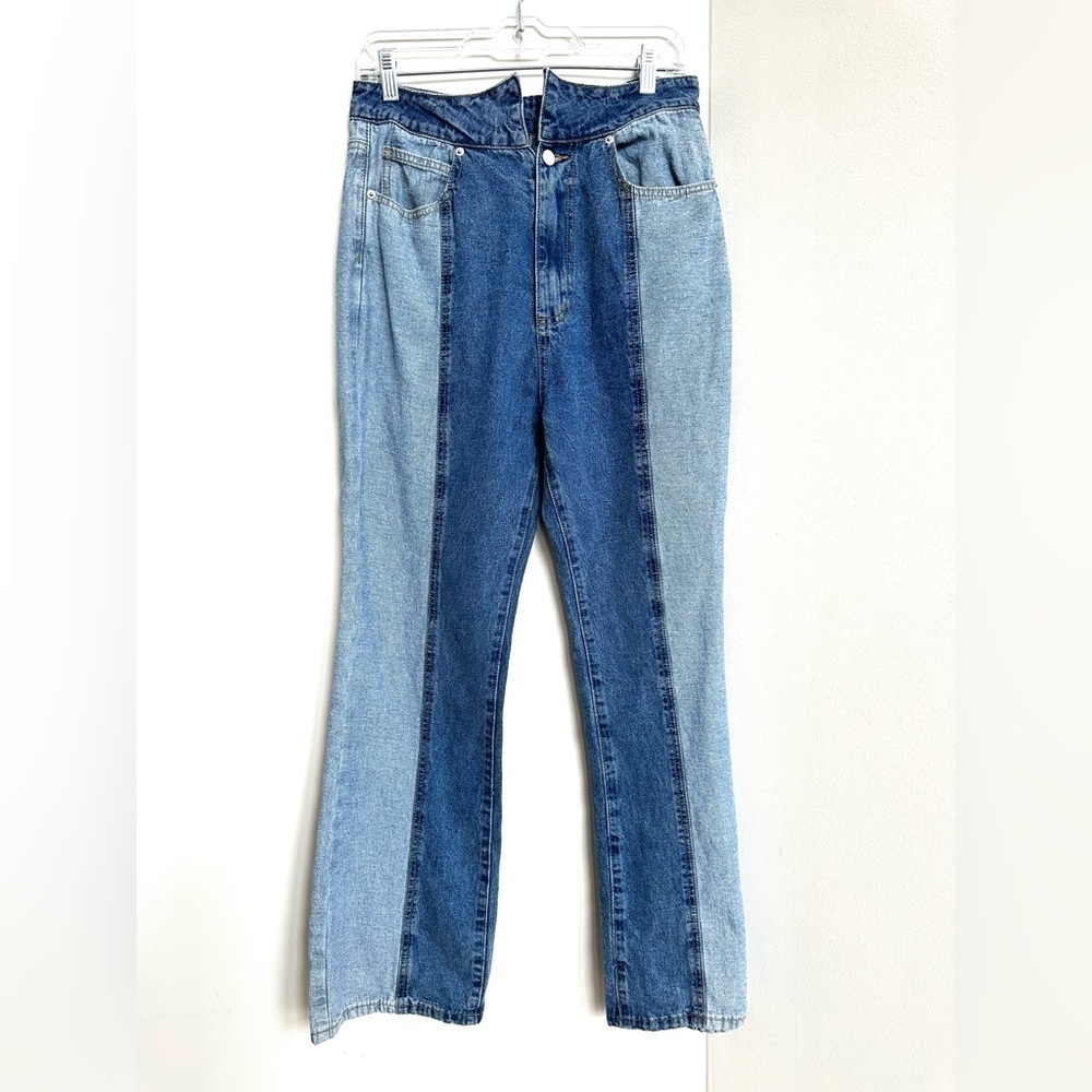 Cider Split Waist Two Tone Denim Jeans High Rise Straight Leg